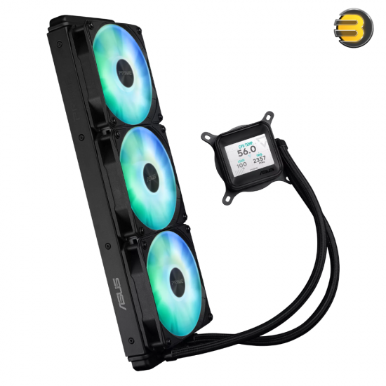 ASUS Prime LC 360 ARGB LCD AIO Liquid CPU Cooler — 2.3-inch LCD for CPU/GPU stats, Asetek pump, 3×120mm daisy‑chain ARGB fans, reinforced sleeved tubing, Intel LGA 1851/1700/1200/115x & AMD AM5/AM4