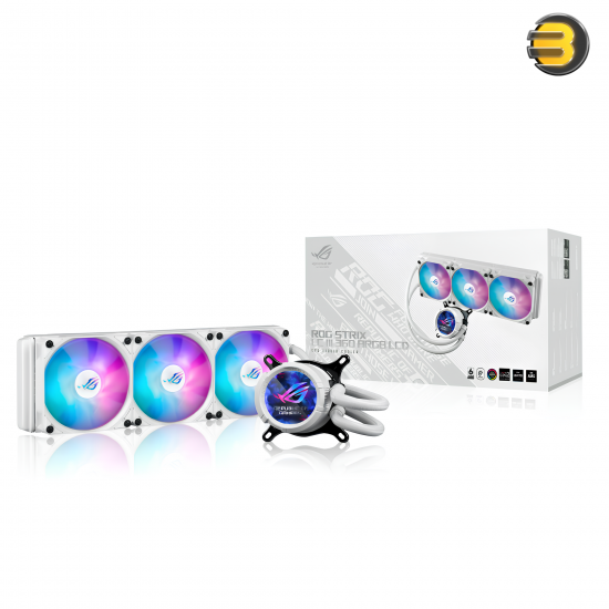 ASUS ROG STRIX LC III 360 ARGB LCD White Edition All-in-One Liquid CPU Cooler — 360mm Aluminum Radiator, 3x 120mm ROG STRIX AF-12S ARGB Fans, 2.1 Inch Full-Color IPS LCD Pump Display (360° Rotatable), 7th Gen V2 Asetek Pump, Copper CPU Plate, PWM Control,