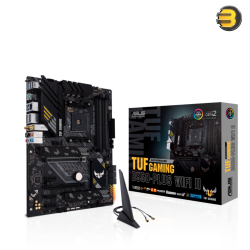 ASUS TUF GAMING B550-PLUS WIFI II AM4 ATX motherboard — PCIe 4.0, dual M.2, 10 DrMOS power stages, Wi-Fi 6, 2.5 Gb Ethernet, HDMI, DisplayPort, SATA 6 Gbps, USB 3.2 Gen 2 Type-A and Type-C, Thunderbolt™ 3 header, and Aura Sync RGB lighting support