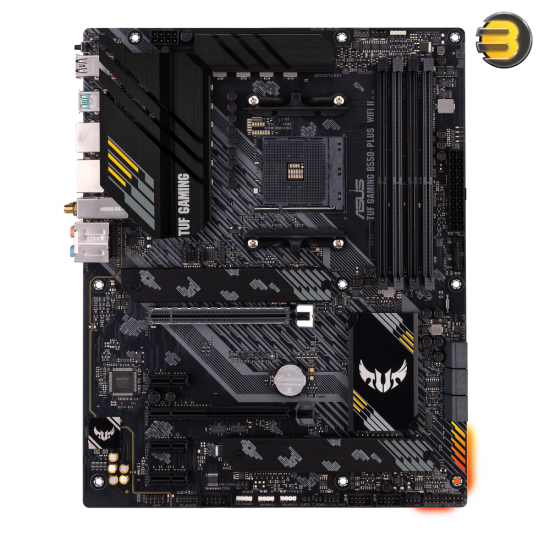 ASUS TUF GAMING B550-PLUS WIFI II AM4 ATX motherboard — PCIe 4.0, dual M.2, 10 DrMOS power stages, Wi-Fi 6, 2.5 Gb Ethernet, HDMI, DisplayPort, SATA 6 Gbps, USB 3.2 Gen 2 Type-A and Type-C, Thunderbolt™ 3 header, and Aura Sync RGB lighting support ASUS TUF GAMING B550-PLUS WIFI II AM4 ATX motherboard — PCIe 4.0, dual M.2, 10 DrMOS power stages, Wi-Fi 6, 2.5 Gb Ethernet, HDMI, DisplayPort, SATA 6 Gbps, USB 3.2 Gen 2 Type-A and Type-C, Thunderbolt™ 3 header, and Aura Sync RGB lighting support