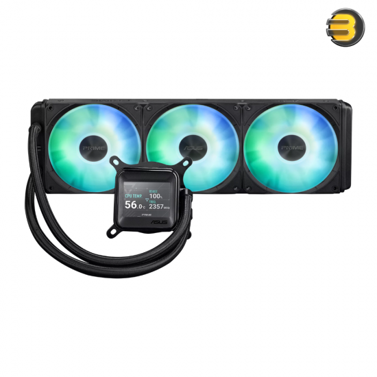 ASUS Prime LC 360 ARGB LCD AIO Liquid CPU Cooler — 2.3-inch LCD for CPU/GPU stats, Asetek pump, 3×120mm daisy‑chain ARGB fans, reinforced sleeved tubing, Intel LGA 1851/1700/1200/115x & AMD AM5/AM4