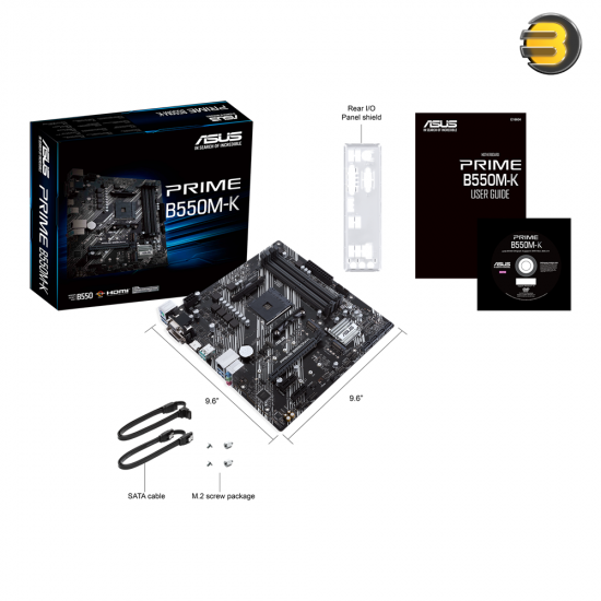 ASUS PRIME B550M-K AM4 micro-ATX motherboard with PCIe 4.0 x16, dual M.2 slots, HDMI 2.1, DVI-D, VGA and 10Gbps USB 3.2 ports