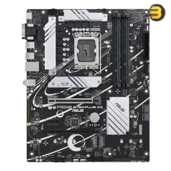 ASUS PRIME B760-PLUS D4 LGA1700 ATX DDR4 Motherboard ASUS PRIME B760-PLUS D4 LGA1700 ATX motherboard with PCIe 5.0 x16, 3 M.2 connectors, 4 DDR4 slots, 2.5Gb Ethernet and vertical Wi-Fi Key E slot