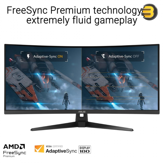 ASUS TUF Gaming VG34VQ3B 34" UWQHD Curved Gaming Monitor ASUS TUF Gaming VG34VQ3B 34 inch ultrawide curved gaming monitor with UWQHD resolution, 180Hz refresh rate, 1500R curvature and AMD FreeSync Premium