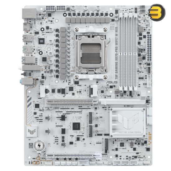 ASUS TUF GAMING X870-PRO WIFI7 W NEO white and silver ATX motherboard with AMD AM5 socket, PCIe 5.0 x16, 4 M.2 slots, Wi-Fi 7, Realtek 5Gb Ethernet and USB4 40Gbps ports