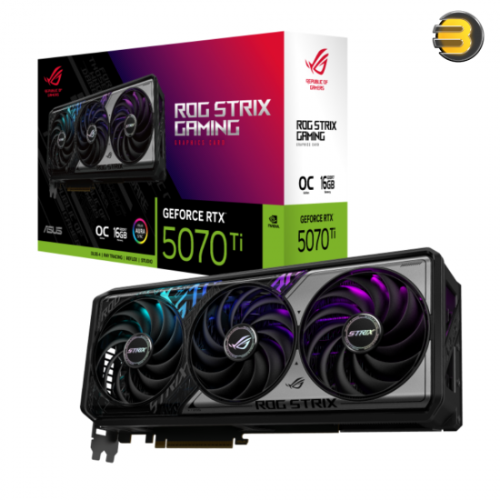 ASUS ROG Strix GeForce RTX 5070 Ti 16GB GDDR7 OC Edition — PCIe 5.0, 256-bit Memory, 28 Gbps, 8960 CUDA Cores, Boost Clock 2602 MHz, Triple Axial-Tech Fans, Vapor Chamber Cooling, ARGB Lighting, 4 Display Outputs (2x HDMI 2.1b, 3x DP 2.1b) ASUS ROG Strix GeForce RTX 5070 Ti 16GB GDDR7 OC Edition — PCIe 5.0, 256-bit Memory, 28 Gbps, 8960 CUDA Cores, Boost Clock 2602 MHz, Triple Axial-Tech Fans, Vapor Chamber Cooling, ARGB Lighting, 4 Display Outputs (2x HDMI 2.1b, 3x DP 2.1b)