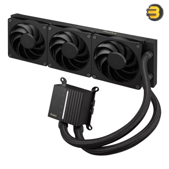 ASUS ProArt LC 360 -  all-in-one CPU liquid cooler with illuminated system status meter and three matte black Alphacool Apex Stealth Metal Power fans