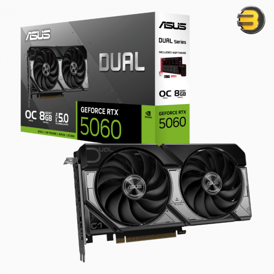 ASUS Dual GeForce RTX 5060 8GB GDDR7 OC Edition Graphics Card — PCIe 5.0, 3840 CUDA Cores, 2565 MHz OC Clock, 28 Gbps Memory Speed, 128-bit Memory Interface, 2.5-Slot, Dual Axial-tech Fans, HDMI 2.1b, 3x DisplayPort 2.1b, 550W PSU Recommended