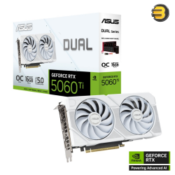 ASUS Dual GeForce RTX 5060 Ti 16GB GDDR7 White OC Edition — PCIe 5.0, 4608 CUDA cores, 28 Gbps, 128-bit, Boost up to ~2630 MHz, 3x DP 2.1 + 1x HDMI 2.1, 2.5‑slot, Axial‑tech fans, 0dB mode, SFF‑ready