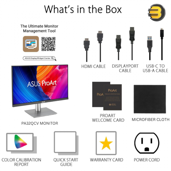 ASUS ProArt Display 6K PA32QCV 31.5" 6K IPS Professional Monitor ASUS ProArt Display 6K PA32QCV 31.5 inch professional monitor with 6K resolution, IPS LuxPixel technology, Thunderbolt 4 and factory calibration