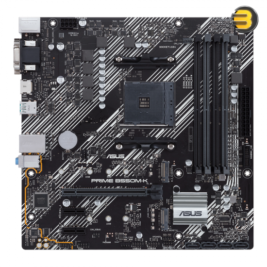 ASUS PRIME B550M-K AM4 micro-ATX motherboard with PCIe 4.0 x16, dual M.2 slots, HDMI 2.1, DVI-D, VGA and 10Gbps USB 3.2 ports
