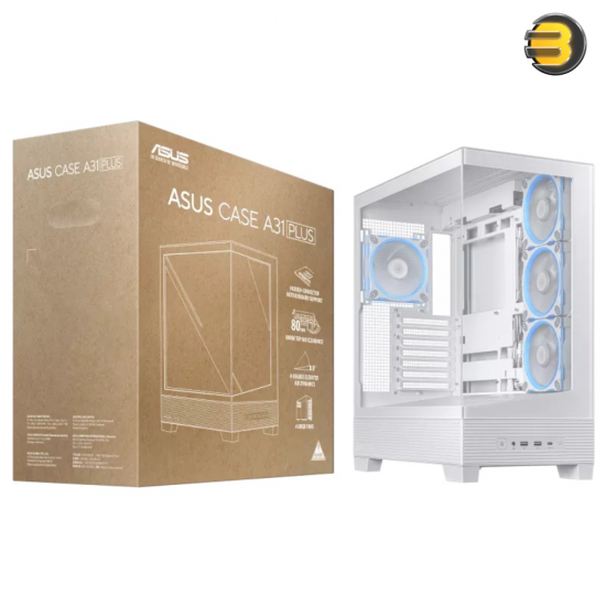 ASUS A31 PLUS Mid Tower ATX Case White — Tempered Glass Front & Side Panels, 4x 120mm ARGB Fans Pre-installed, Support for Hidden-Connector Motherboards, Up to 360mm Radiator & 380mm GPU, USB 3.2 Gen2x2 Type-C ASUS A31 PLUS Mid Tower ATX Case White — Tempered Glass Front & Side Panels, 4x 120mm ARGB Fans Pre-installed, Support for Hidden-Connector Motherboards, Up to 360mm Radiator & 380mm GPU, USB 3.2 Gen2x2 Type-C