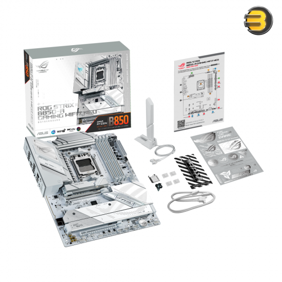 ASUS ROG STRIX B850-A GAMING WIFI7 NEO white and silver ATX motherboard with AMD AM5 socket, PCIe 5.0 x16, 4 M.2 slots, Wi-Fi 7, 5GbE and SupremeFX audio