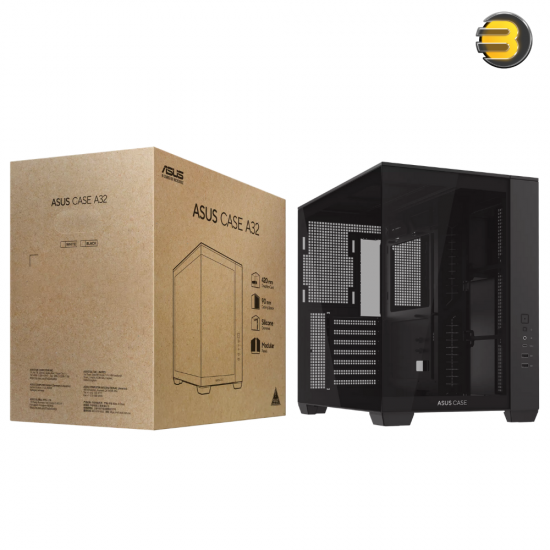 ASUS A32 ATX Dual-Chamber PC Case - Panoramic Design, Supports Up to 420mm Graphics Cards, 360mm Radiators, and CPU Air Coolers Up to 165mm, Sleek High-Performance Gaming Chassis