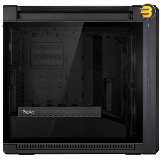 ASUS PROART PA602 WOOD TG PWM BLACK – Mid Tower Case supporting EATX/ATX/Micro-ATX/Mini-ITX/DTX/Mini-DTX, featuring 4× 2.5 bays, 4× 2.5/3.5 combo bays, 8+2 expansion slots, and front I/O: 2× USB 3.2 Gen1, 1× USB 3.2 Gen2x2 Type-C, 2× USB