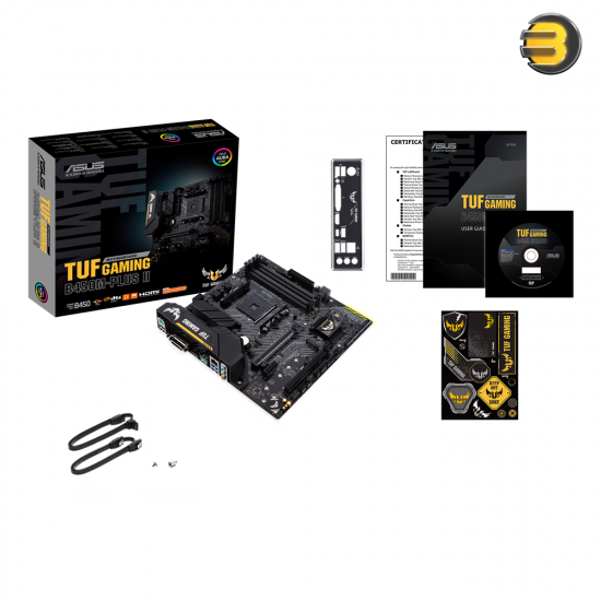 ASUS TUF GAMING B450M-PLUS II AMD B450 (AM4) micro ATX gaming motherboard with M.2 support, AI Noise-Canceling Microphone, HDMI, DVI-D, USB 3.2 Gen 2 Type-A, USB 3.2 Gen 1 Type-A and Type-C, Aura Sync RGB lighting support