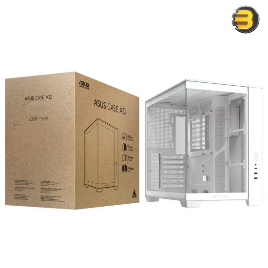 ASUS A32 ATX Dual-Chamber PC Case White - Panoramic Design, Supports Up to 420mm Graphics Cards, 360mm Radiators, and CPU Air Coolers Up to 165mm, Sleek High-Performance Gaming Chassis