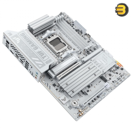ASUS TUF GAMING X870-PRO WIFI7 W NEO white and silver ATX motherboard with AMD AM5 socket, PCIe 5.0 x16, 4 M.2 slots, Wi-Fi 7, Realtek 5Gb Ethernet and USB4 40Gbps ports