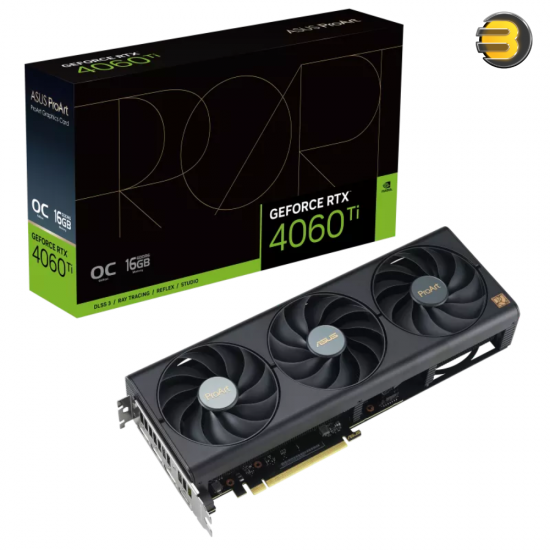 ASUS ProArt GeForce RTX 4060 Ti OC Graphics Card, 16GB GDDR6 128-bit Memory, 2655 MHz Boost Clock, 18Gbps Memory Speed, 4352 CUDA, PCI E 4.0, 1* HDMI 2.1a / 3* DisplayPort 1.4a | 90YV0JH2-M0NA00