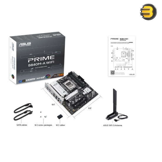 ASUS PRIME B840M-A WIFI – AMD AM5 DDR5 Micro-ATX Motherboard, Up to DDR5 7600+ MT/s, 3× M.2, Wi‑Fi 6E, 2.5GbE, 2× DisplayPort & 1× HDMI