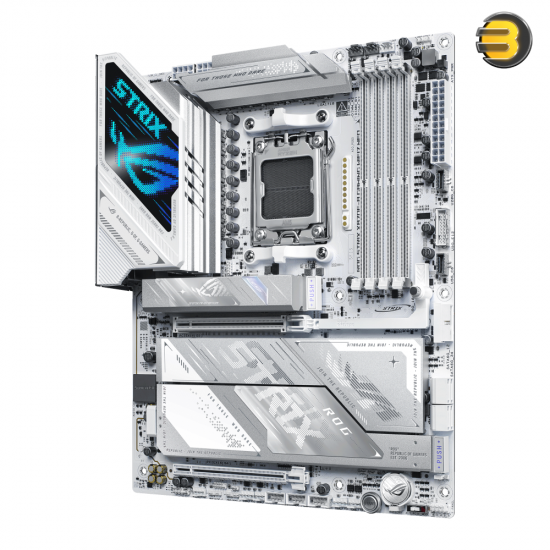 ASUS ROG STRIX X870E-A GAMING WIFI7 NEO white and silver ATX motherboard with AMD AM5 socket, PCIe 5.0 x16, dual USB4 ports, ROG SupremeFX ALC4080 audio and Q-Design features