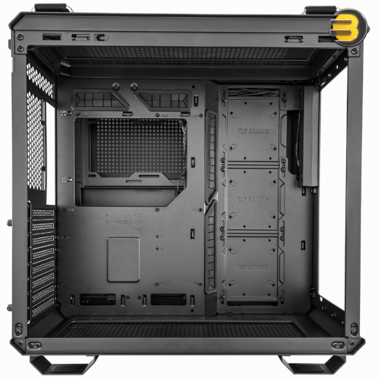 ASUS TUF Gaming GT502 Black ATX Mid-Tower Computer Case,Front Panel RGB Button,USB 3.2 Type-C,2x USB 3.0 Ports,Tool-free Side Panel,ARGB Hub, 360mm and 280mm Radiator compatible, Fabric Handle on top.