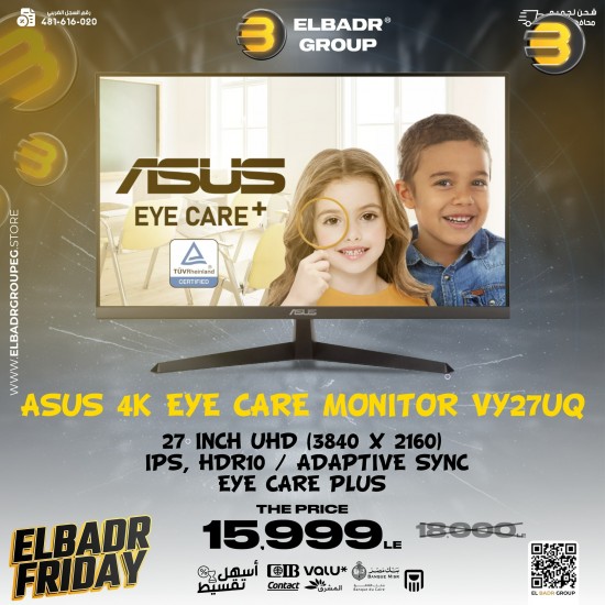 ASUS 27 Inch 4K Eye Care Monitor VY27UQ — UHD (3840 x 2160), IPS, HDR10, Adaptive Sync, Eye Care Plus, Display Port, HDMI, Speaker, DisplayWidget, Blue Light Filter, Flicker Free