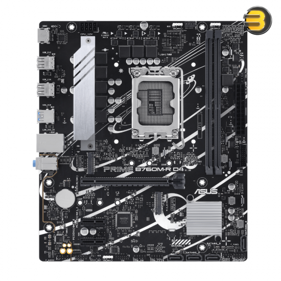 ASUS PRIME B760M-R D4 - Intel® B760 LGA 1700 micro-ATX motherboard with PCIe 4.0, two PCIe 4.0 M.2 slots, DDR4, Realtek 2.5Gb Ethernet, HDMI™, SATA 6 Gbps, front USB 5Gbps ports, Aura Sync