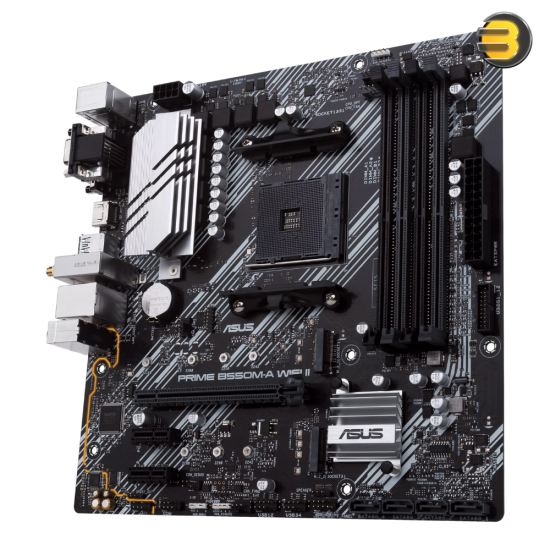 ASUS PRIME B550M-A WIFI II AM4 micro-ATX motherboard with Wi-Fi 6, PCIe 4.0 x16, dual M.2 slots, 4 DDR4 slots and Realtek 7.1 audio shielding