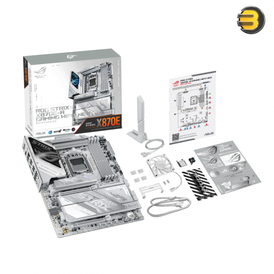 ASUS ROG STRIX X870E-A GAMING WIFI7 NEO white and silver ATX motherboard with AMD AM5 socket, PCIe 5.0 x16, dual USB4 ports, ROG SupremeFX ALC4080 audio and Q-Design features