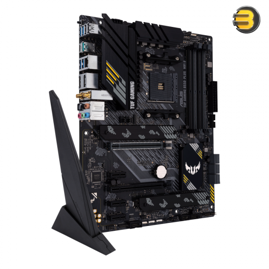 ASUS TUF GAMING B550-PLUS WIFI II AM4 ATX motherboard — PCIe 4.0, dual M.2, 10 DrMOS power stages, Wi-Fi 6, 2.5 Gb Ethernet, HDMI, DisplayPort, SATA 6 Gbps, USB 3.2 Gen 2 Type-A and Type-C, Thunderbolt™ 3 header, and Aura Sync RGB lighting support ASUS TUF GAMING B550-PLUS WIFI II AM4 ATX motherboard — PCIe 4.0, dual M.2, 10 DrMOS power stages, Wi-Fi 6, 2.5 Gb Ethernet, HDMI, DisplayPort, SATA 6 Gbps, USB 3.2 Gen 2 Type-A and Type-C, Thunderbolt™ 3 header, and Aura Sync RGB lighting support