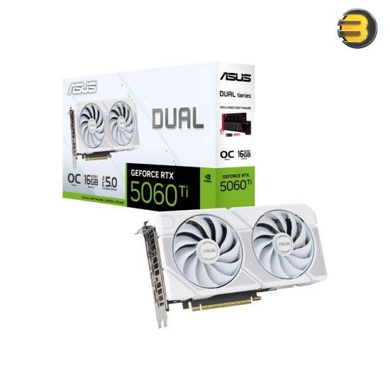 ASUS Dual GeForce RTX 5060 Ti OC 16GB White Edition – GDDR7, PCIe 5.0, 2.5-Slot, Axial-Tech Fans, Dual BIOS, Vented Backplate ASUS Dual GeForce RTX 5060 Ti OC 16GB White Edition – GDDR7, PCIe 5.0, 2.5-Slot, Axial-Tech Fans, Dual BIOS, Vented Backplate