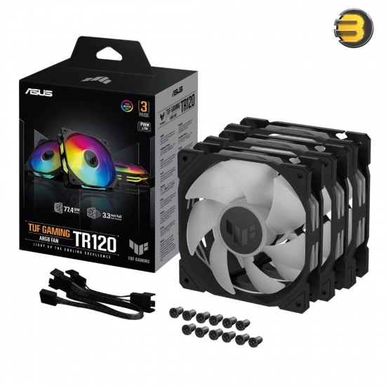 ASUS TUF Gaming TR120 ARGB Fan Triple Pack — 120mm x 28mm, Hydraulic Bearing, 2000 RPM, 77.4 CFM Airflow, 3.3 mmH2O Static Pressure, 29 dB(A), Double-Layer Addressable RGB LEDs, Aura Sync Compatible, Black