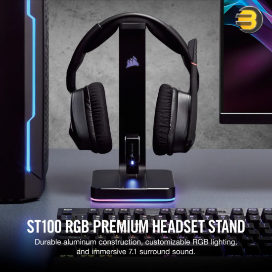 Corsair ST100 RGB Premium Headset Stand — 7.1 Surround Sound - 3.5mm and 2xUSB 3.1 - Aluminum