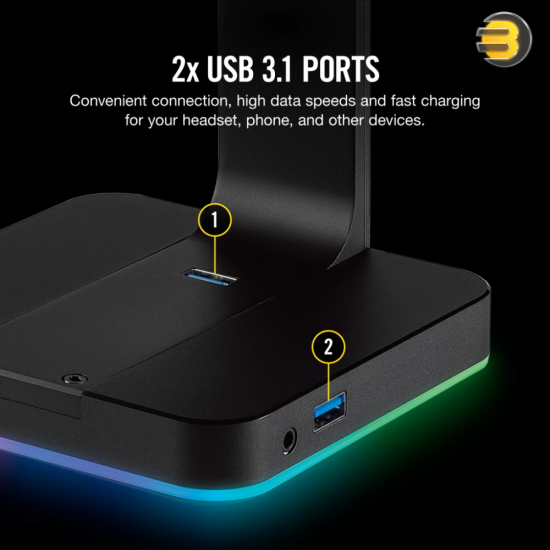 Corsair ST100 RGB Premium Headset Stand — 7.1 Surround Sound - 3.5mm and 2xUSB 3.1 - Aluminum