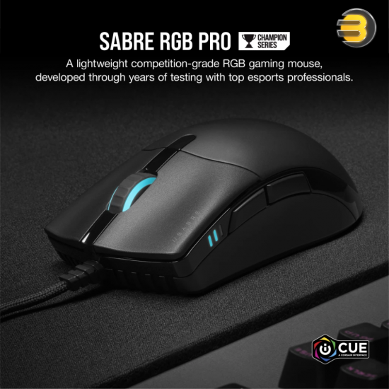 Corsair Sabre RGB PRO Champion Series Gaming Mouse (Ergonomic Shape for Esports and Competitive Play, Ultra-Lightweight 74g, Flexible Paracord Cable, QUICKSTRIKE Buttons with Zero Gap) Black