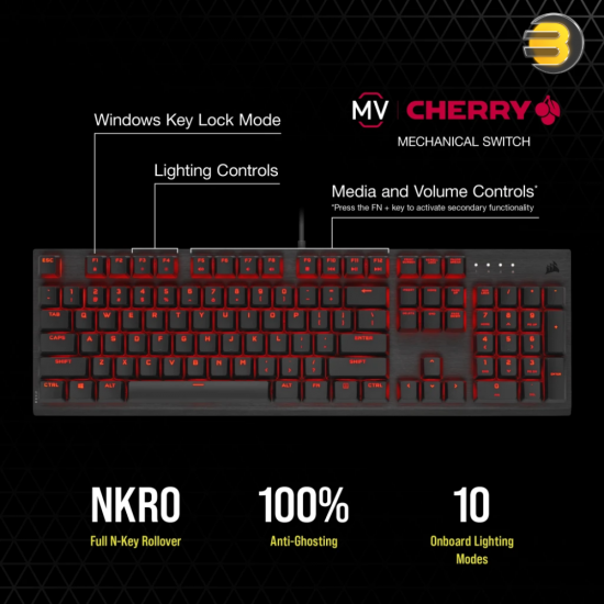 Corsair K60 PRO Mechanical Gaming Keyboard with Cherry VIOLA Switch - Red LED