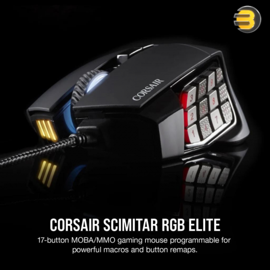 Corsair SCIMITAR RGB ELITE Gaming Mouse For MOBA, MMO - 18,000 DPI - 17 Progammable Buttons - iCUE Compatible - Black