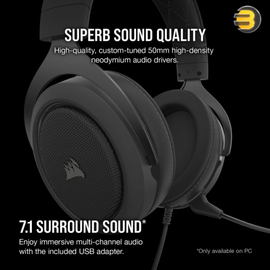 Corsair HS60 PRO — 7.1 Virtual Surround Sound Gaming Headset with USB DAC - Works with PC, Xbox Series X, Xbox Series S, Xbox One, PS5, PS4, and Nintendo Switch - Carbon