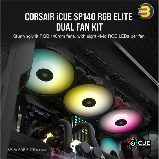 Corsair iCUE SP140 RGB ELITE Performance 140mm PWM Fan — Dual Fan Kit with Lighting Node CORE
