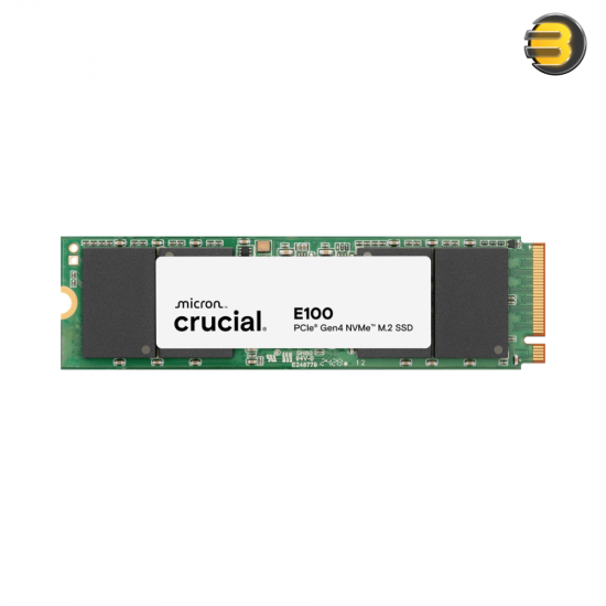 Crucial E100 1TB PCIe Gen4 NVMe M.2 2280 SSD single-sided low-profile design with 5000 MB/s read speed and energy-efficient thermal controller