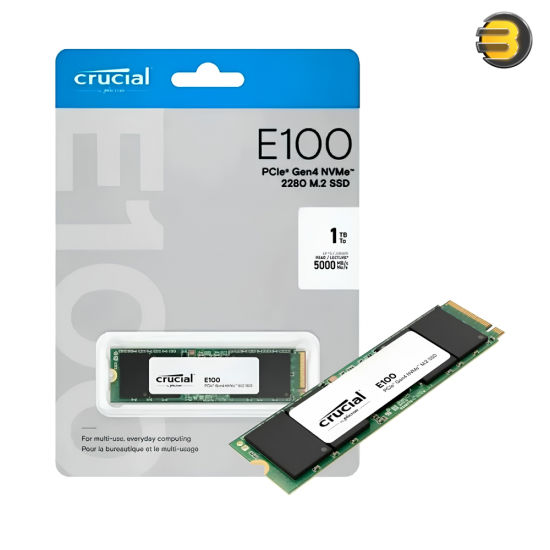 Crucial E100 1TB PCIe Gen4 NVMe M.2 2280 SSD single-sided low-profile design with 5000 MB/s read speed and energy-efficient thermal controller