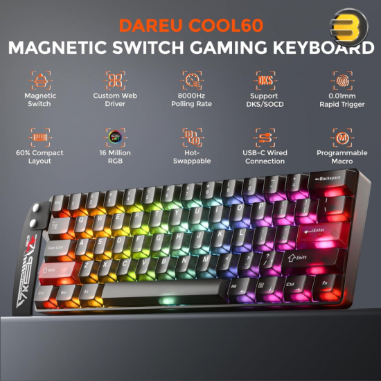 DAREU COOL60 Wired 8K Magnetic Gaming Keyboard - 0.01mm RT Accuracy, Ultra-Fast Response, Hot-Swappable Magnetic Switches, Compact 60% Layout, RGB Backlight, Professional Esports Performance Keyboard