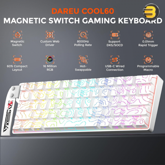 DAREU COOL60 Wired 8K Magnetic Gaming Keyboard White - 0.01mm RT Accuracy, Ultra-Fast Response, Hot-Swappable Magnetic Switches, Compact 60% Layout, RGB Backlight, Professional Esports Performance Keyboard