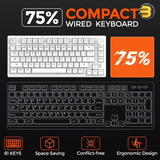 DAREU EK75 Compact 75-Key Rainbow Wired Gasket Gaming Keyboard - White, Mechanical Design, RGB Backlight, Hot-Swappable Switches, Durable Build, Smooth Typing & Gaming Performance
