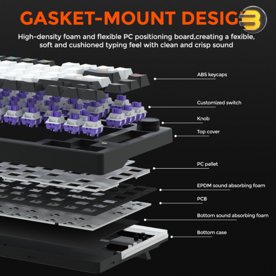 DAREU EK75 Compact 75-Key Rainbow Wired Gasket Gaming Keyboard - Black, Mechanical Design, RGB Backlight, Hot-Swappable Switches, Durable Build, Smooth Typing & Gaming Performance