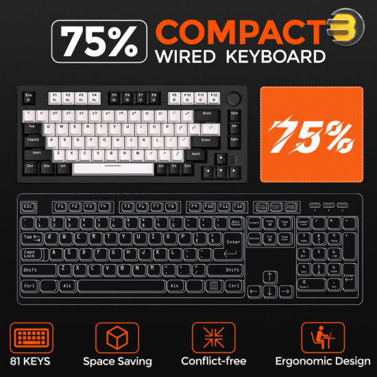 DAREU EK75 Compact 75-Key Rainbow Wired Gasket Gaming Keyboard - Black, Mechanical Design, RGB Backlight, Hot-Swappable Switches, Durable Build, Smooth Typing & Gaming Performance