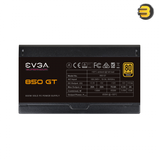 EVGA SuperNOVA 850 GT 80+ Gold 850W — Fully Modular, Auto Eco Mode with FDB Fan, 7 Year Warranty, Includes Power ON Self Tester, Compact 150mm Size - Power Supply