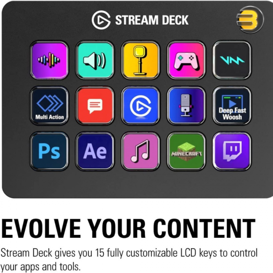 Elgato Stream Deck MK.2 — Studio Controller, 15 macro keys, trigger actions in apps and software like OBS, Twitch, ​YouTube and more, works with Mac and PC