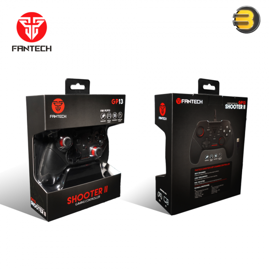 Fantech Shooter II GP13 black USB wired gaming controller with 19 action buttons, dual-motor vibration, 1.8m braided cable and ergonomic contoured grips